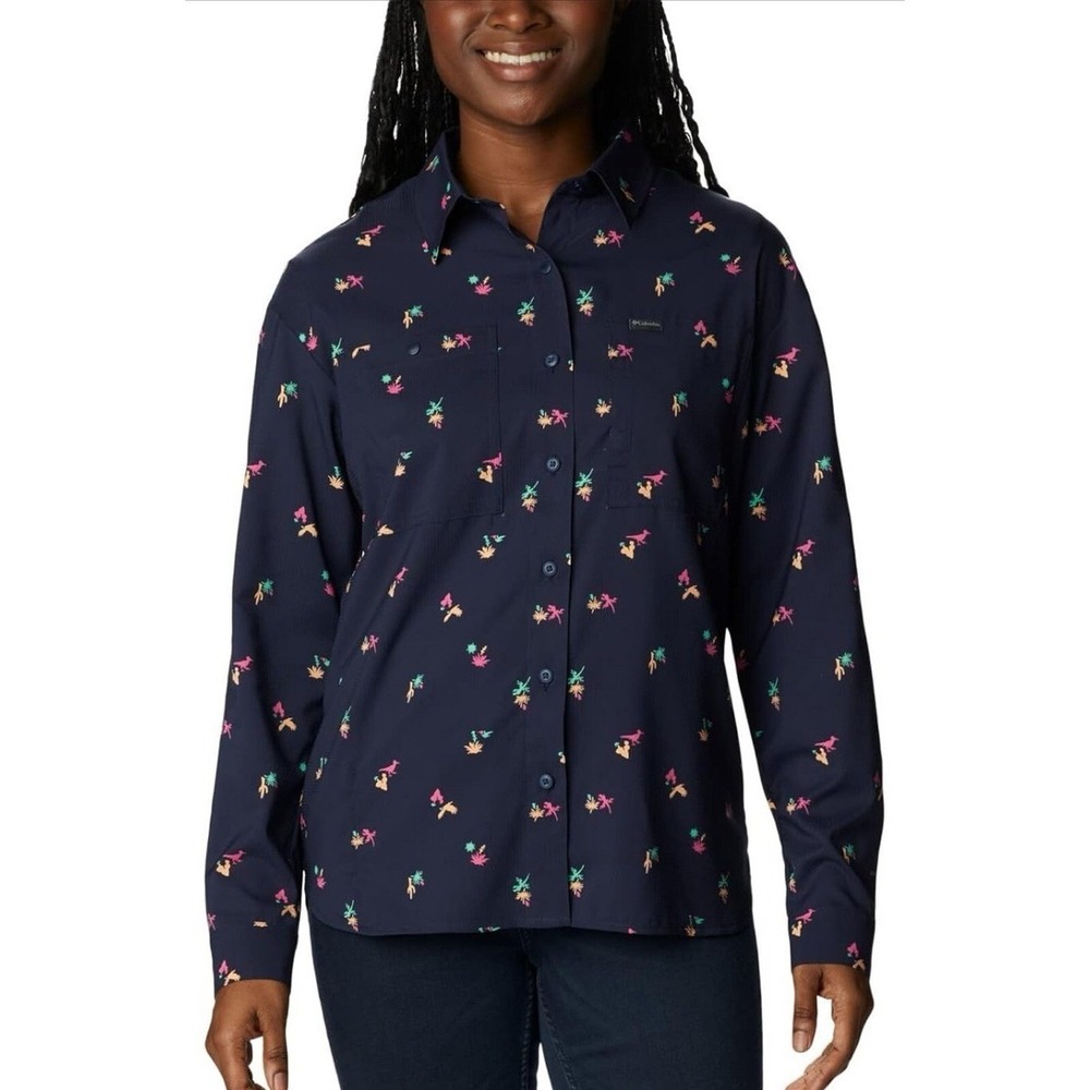 NEW Women's Columbia Silver‎ Ridge Utility Bird Print Shirt Navy Blue Size XXL